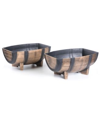 Rustic Wood- Look Plastic Half Barrel Flower Pot Garden Planter, Pack of 2