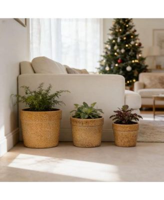 Handmade Ceramic Planter Set of 3, 15/12/9 Inch Diameter,Textured Pattern, for Succulents & Indoor Plants, Windowsill & Bookshelf Use