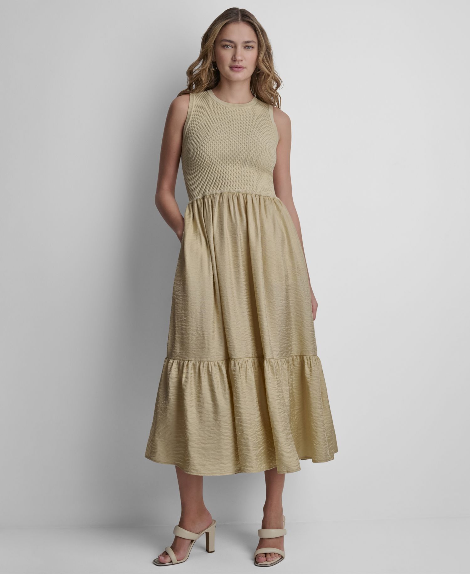 Women's Sleeveless Sweater Top Mixed Media Midi Dress