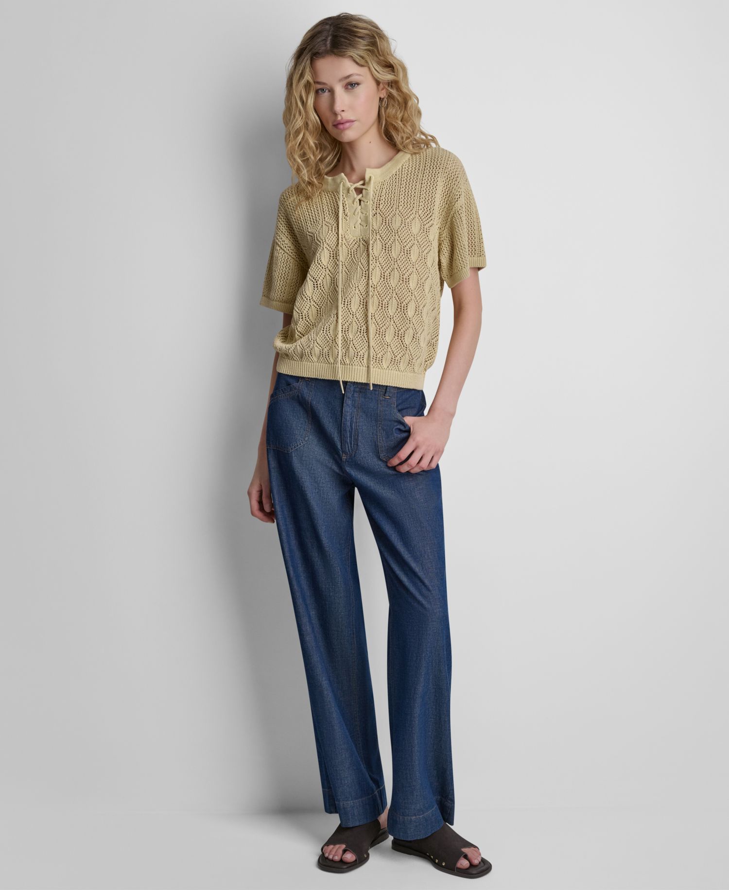 Women's Textured Pointelle Lace Front Top