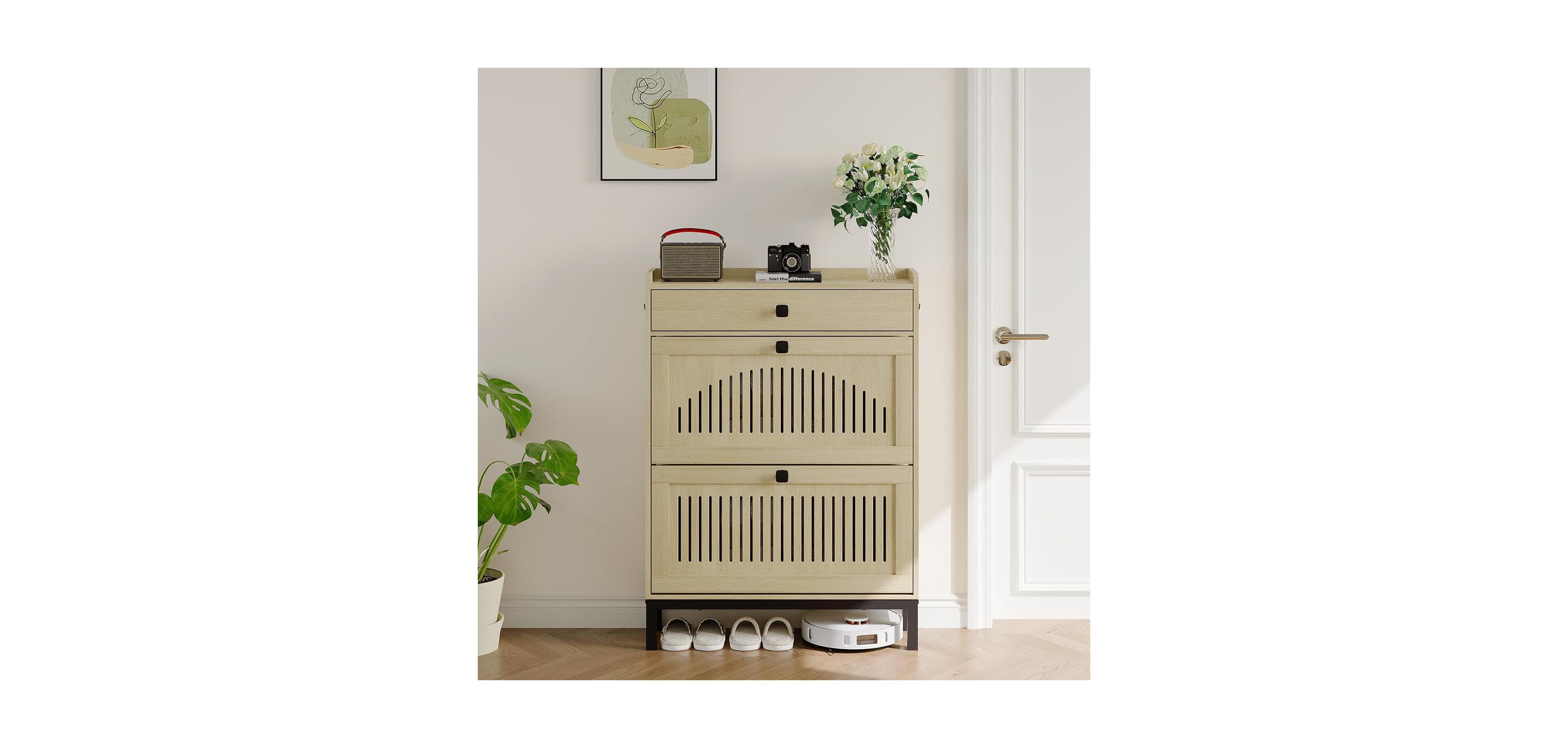 gaomon Shoe Storage Cabinet with 2 Hollow-Panel Flip Drawers and Top Drawer