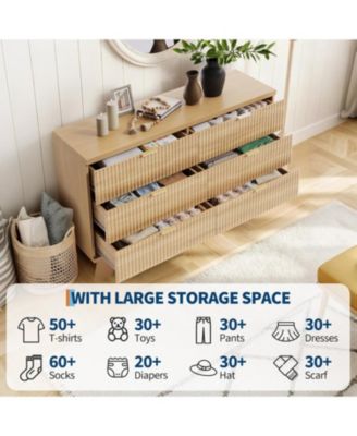 6 Drawer Dresser for Bedroom, 47" Wide Mid Century Modern Dresser with Gold Handle, Fluted Dressers Chest of Drawers