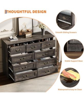 9-Drawer Vintage Wood Dresser, 47" Wide Storage Chest with Metal Pulls & Dual-Size Drawers for Bedroom, Hallway