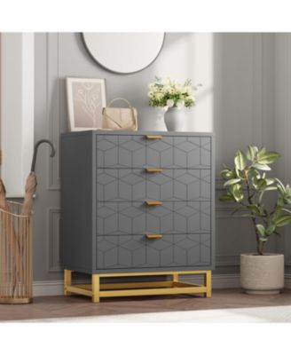 Modern 4 Drawer Dresser, Wide Chest with Gold Metal Legs & Handles, Wood Storage Organizer for Bedroom
