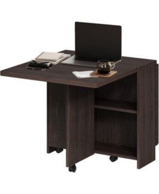 Folding Drop Leaf Dining Table with 6 Wheels & 2-Tier Storage Shelf, Space-Saving Table for Small Spaces