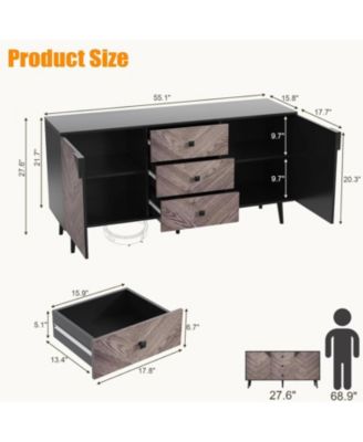 55 Point 1 Inch 3 Drawer Storage Cabinet with Adjustable Shelf and Doors Modern Sideboard Buffet Cabinet for Dining Room