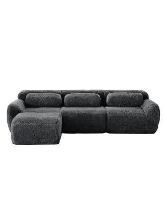 L-shaped Dark Gray Plush Sofa with Ottoman, High-Density Sponge, No Assembly