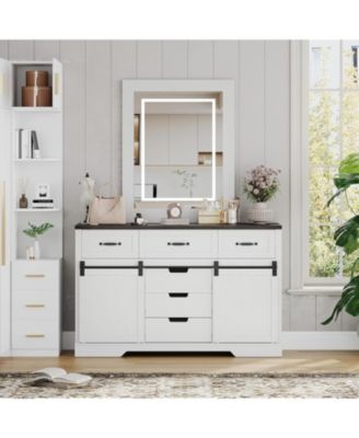 6 Drawers Dresser with LED Light Farmhouse Style Space Saving Sliding Door Storage Cabinet for Bedroom and Living Room