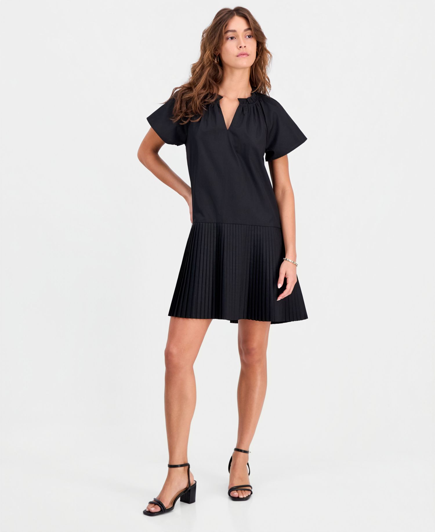 Petite Puff-Sleeve Short-Sleeve Pleat-Hem Dress