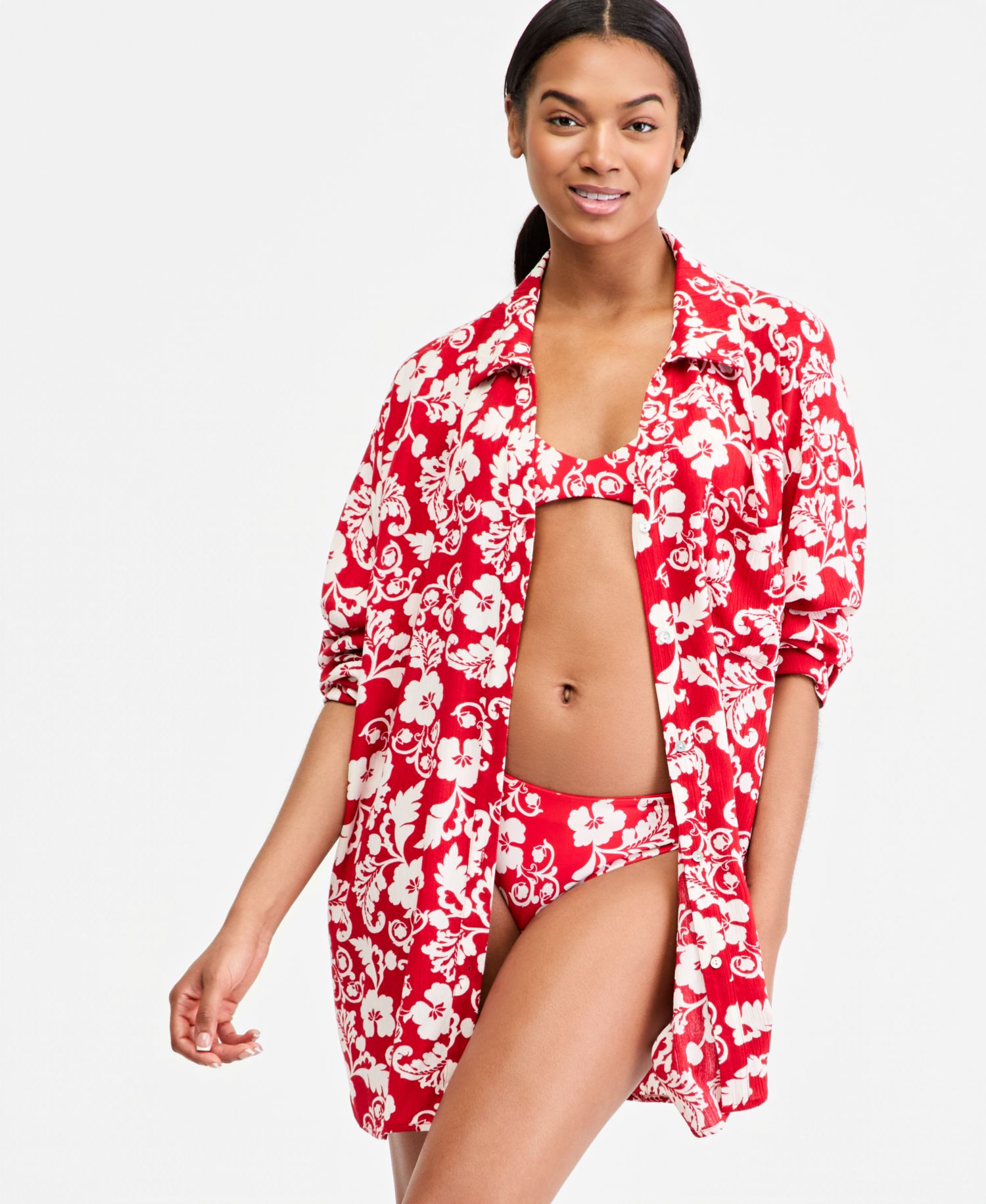 Juniors' Days Of Summer Long-Sleeve Button-Up Cover-Up Shirt