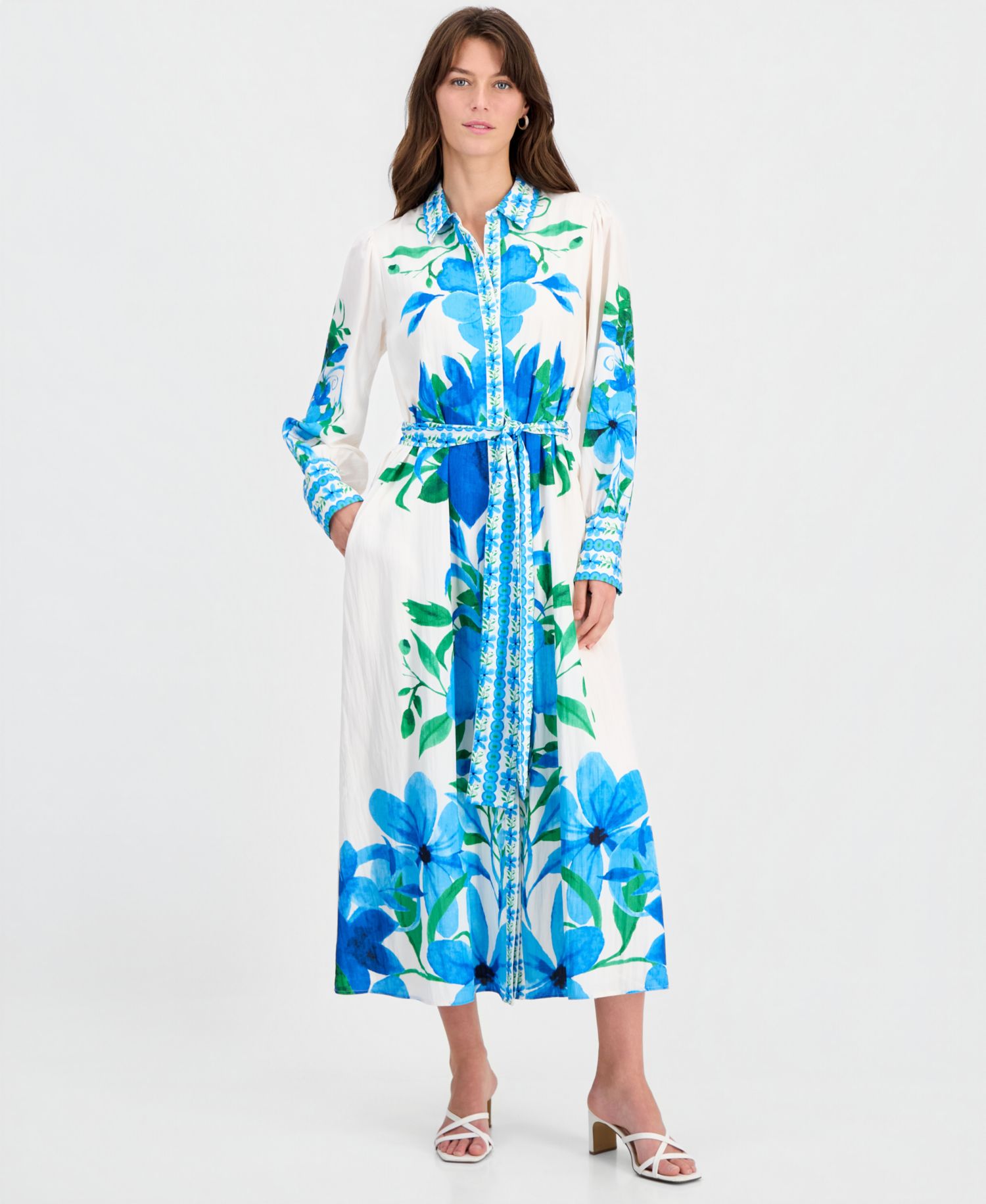 Women's Printed Tie-Waist Button-Down Maxi Dress