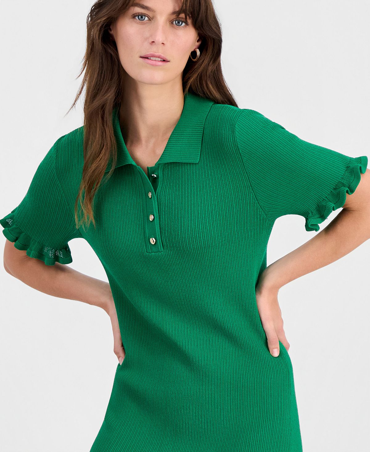 T Tahari Women's Ribbed Ruffle-Trim Dress view 3 — MAYCSS fashion products