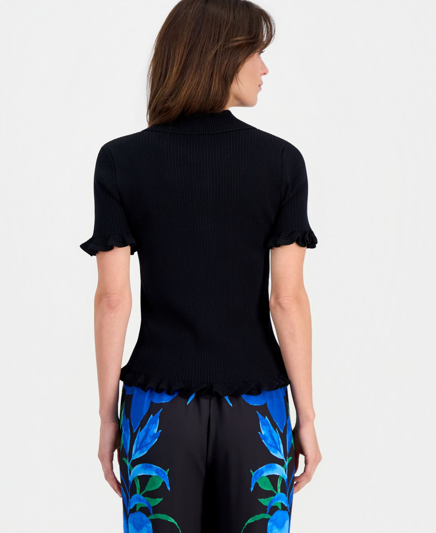 Women's Half-Placket Ribbed Ruffle-Trim Top