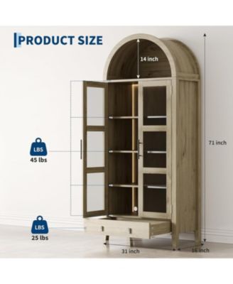 Tall Arched Kitchen Pantry Cabinet, Modern Farmhouse Kitchen Storage Cabinets with LED Lights, Arched Cabinet with Open & Adjustable Shelves