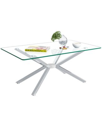 Rectangular Clear Tempered Glass Coffee Table with Adjustable Feet and Metal Legs for Living Room (Silver + Clear Glass)