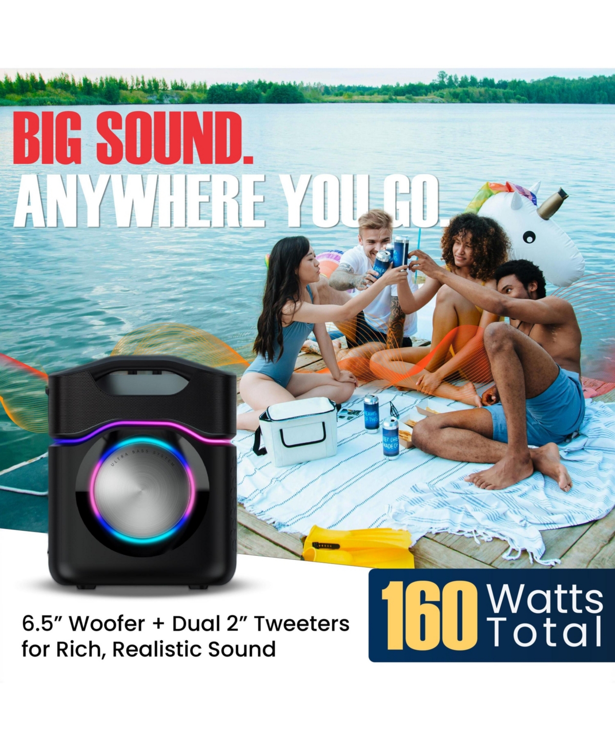 AudioSource 2.1 Party Speaker, 160W, Subwoofer, Rgb Lights, Bluetooth 5.3, Dual Mics, Portable with Ultra Bass Boost