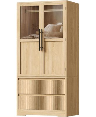 Armoire Wardrobe Closet with 2 Glass Doors and 2 Fluted Drawers, Wooden Wardrobe Storage Cabinet Closet with Hanging Rod and Shelves