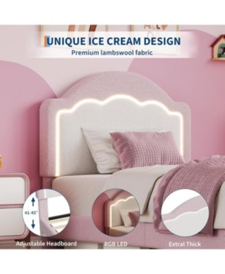 Twin Kids Upholstered Bed with LED Headboard, Plush Sherpa Fabric, Wooden Slats Support, Easy Assembly