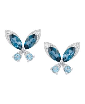 London Blue Topaz (1-1/4 ct. t.w.), Swiss Blue Topaz (1/4 ct. t.w.) & Diamond (1/10 ct. t.w.) Butterfly Stud Earrings in Sterling Silver