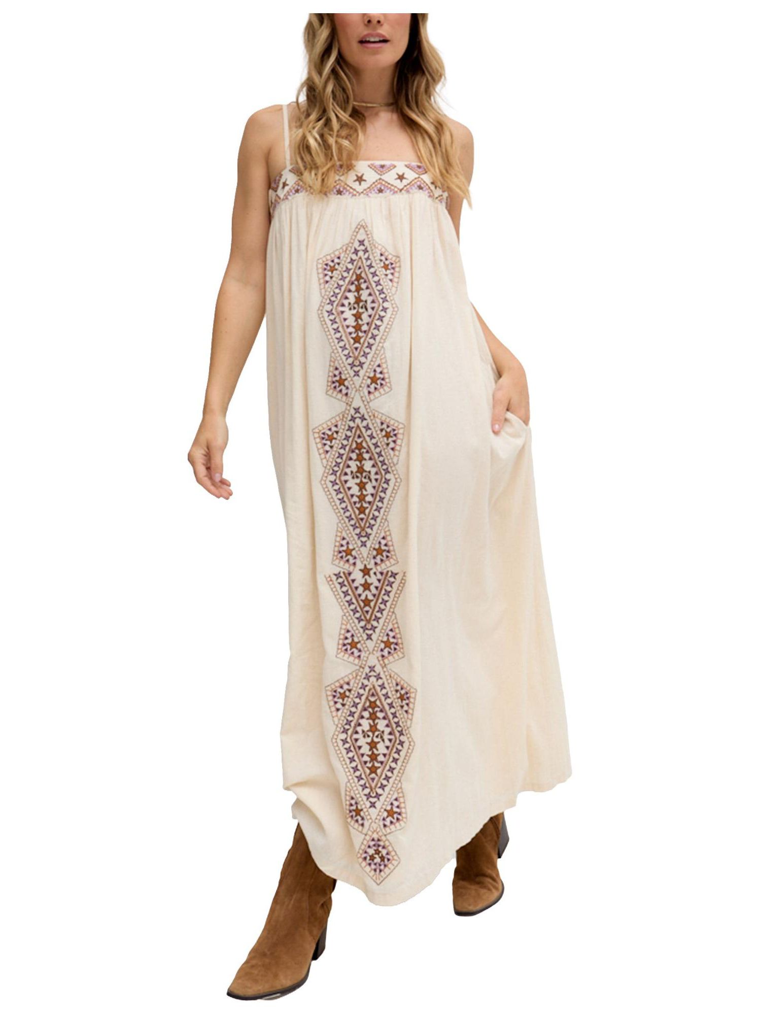 Women's Sapphire Spaghetti Strap Embroidered Maxi Dress