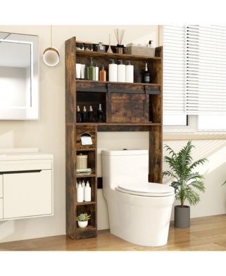 Over The Toilet Storage Cabinet w/ Sliding Barn Door Adjustable Shelves 2 Hooks