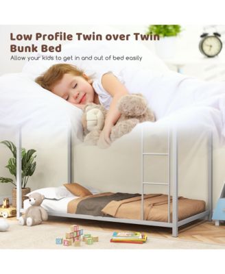 Twin Over Twin Low Metal Bunk Bed with Ladder Guardrails for Teens Adults