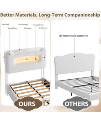 LED Bed Frame with 2-Tier Storage Headboard, Upholstered Platform Bed with Charging Station and Drawer, Metal Support, No Box Spring Needed