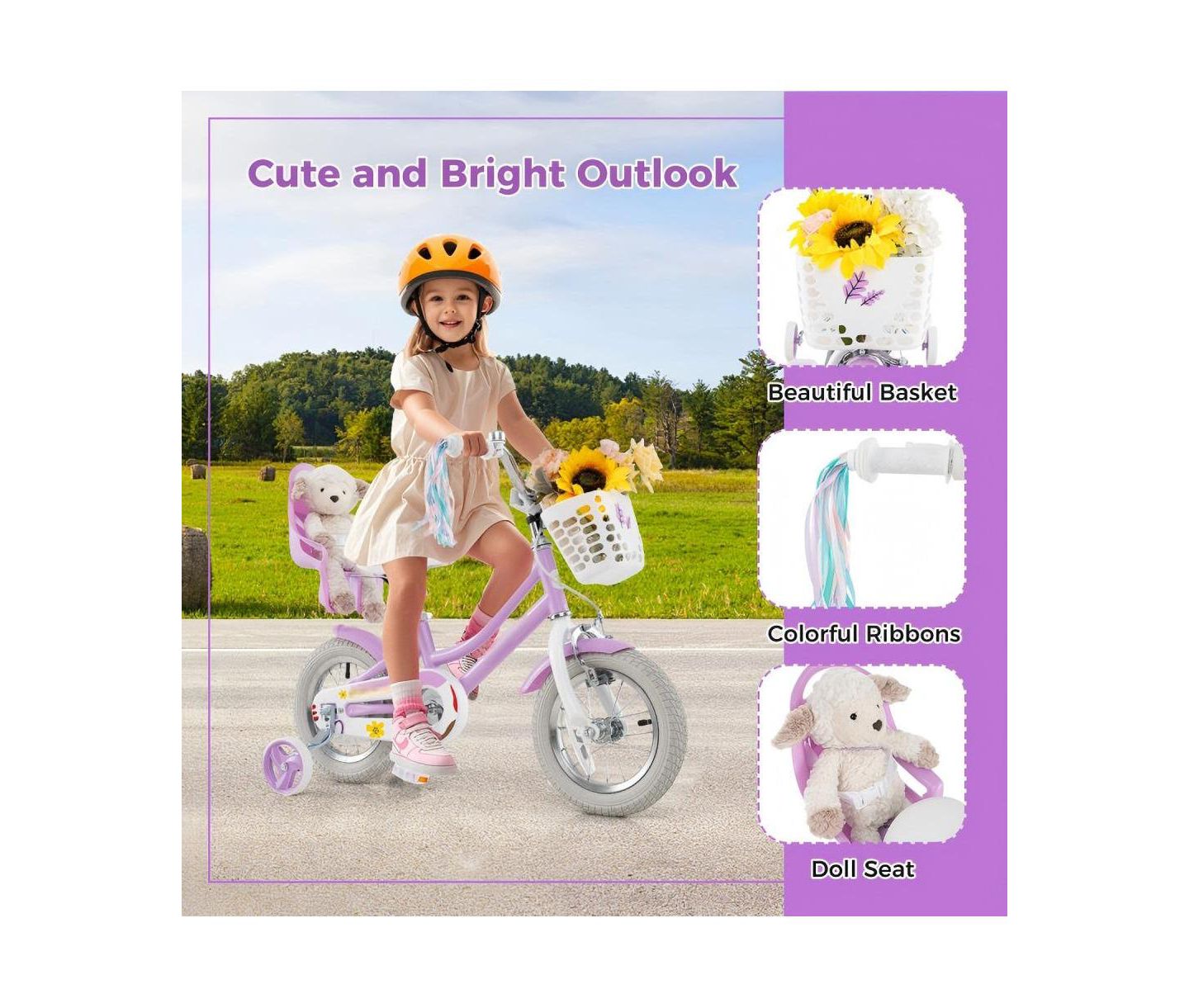 Детская игрушка HONGGE 12-Inch Bike with Doll Seat, Ages 3-8, цвет: Фиолетовый — фото 7