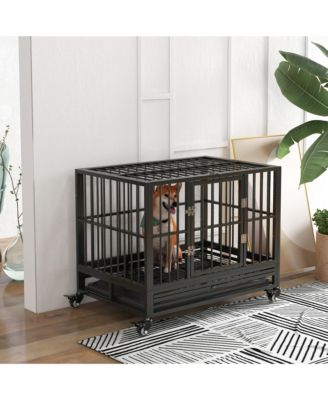 36" Heavy Duty Metal Dog Cage – Double Door Kennel with Lockable Wheels & Removable Tray