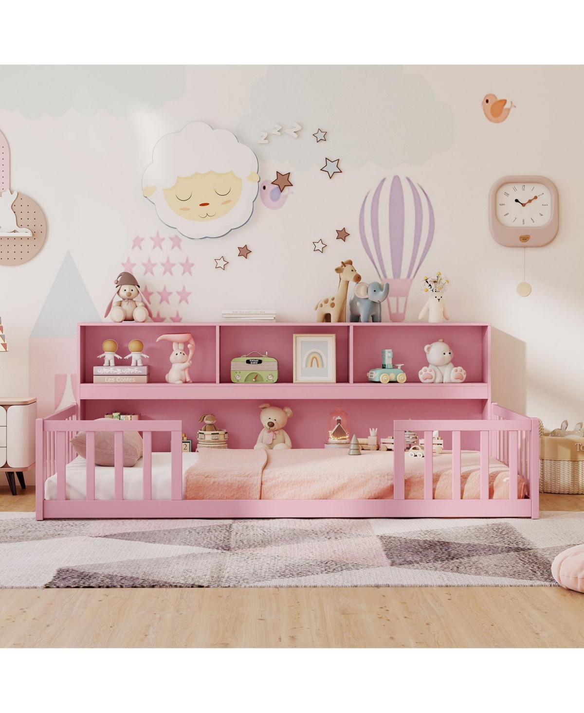 Slickblue Twin Montessori Floor Bed with Bookcase Storage