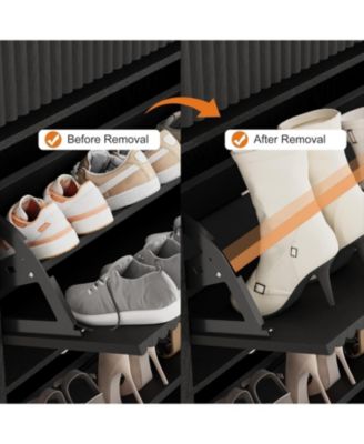 Fluted Shoe Cabinet with 2 Flip Drawers and 1 Top Drawer Narrow Wooden Cabinet with Adjustable Shelves Freestanding Shoe Organizer