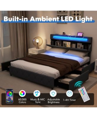 Queen Size Bed Frame with Adjustable Storage Headboard and Wooden Slat Support