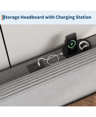 Bed Frame with USB Charging Station, Corduroy Upholstered Platform Bed Frame with Adjustable Storage Headboard, Wooden Slats Support