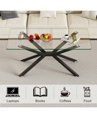 Rectangular Clear Tempered Glass Coffee Table with Adjustable Feet and Metal Legs for Living Room