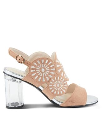 Women's Embroidery Pumps and Heels - Geometric Design, Adjustable Ankle Strap, Transparent Cylindrical Heel