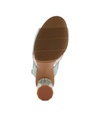 Women's Embroidery Pumps and Heels - Geometric Design, Adjustable Ankle Strap, Transparent Cylindrical Heel