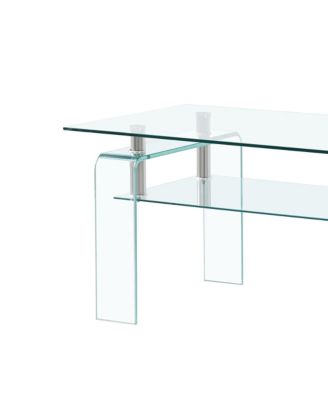 Rectangle 2-Tier Glass Coffee Table, Modern Small Center Table with Storage and Metal Legs for Living Room, Home Office