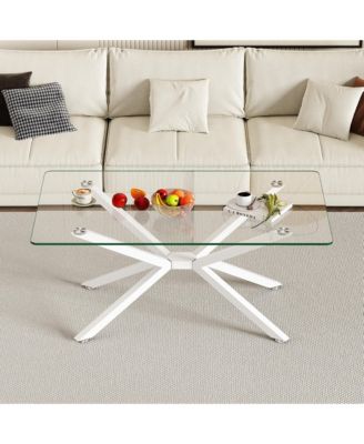 Rectangular Clear Tempered Glass Coffee Table with Adjustable Feet and Metal Legs for Living Room