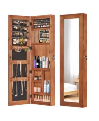 Solid Wood Jewelry Armoire Organizer Cabinet with Full-Length Mirror Wall-Mounted Lockable with LED Light 47.5x14.3 in