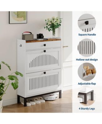 Wooden Shoe Cabinet with 2 Hollow-Panel Flip Drawers and Top Drawer