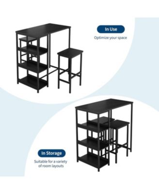 3-Piece Kitchen Table Set with Storage Shelves & 2 Bar Stools, Iron & Wood, Dining Table for Small Spaces