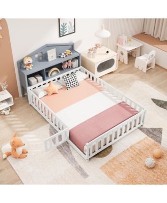 Full Size Headboard Storage Cabinet with Chalkboard for Montessori Bed