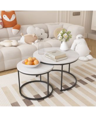 Nesting Coffee Table Set of 2, 27.6" Round Center Table, Wood Marble Pattern Top with Sturdy Metal Frame for Living Room