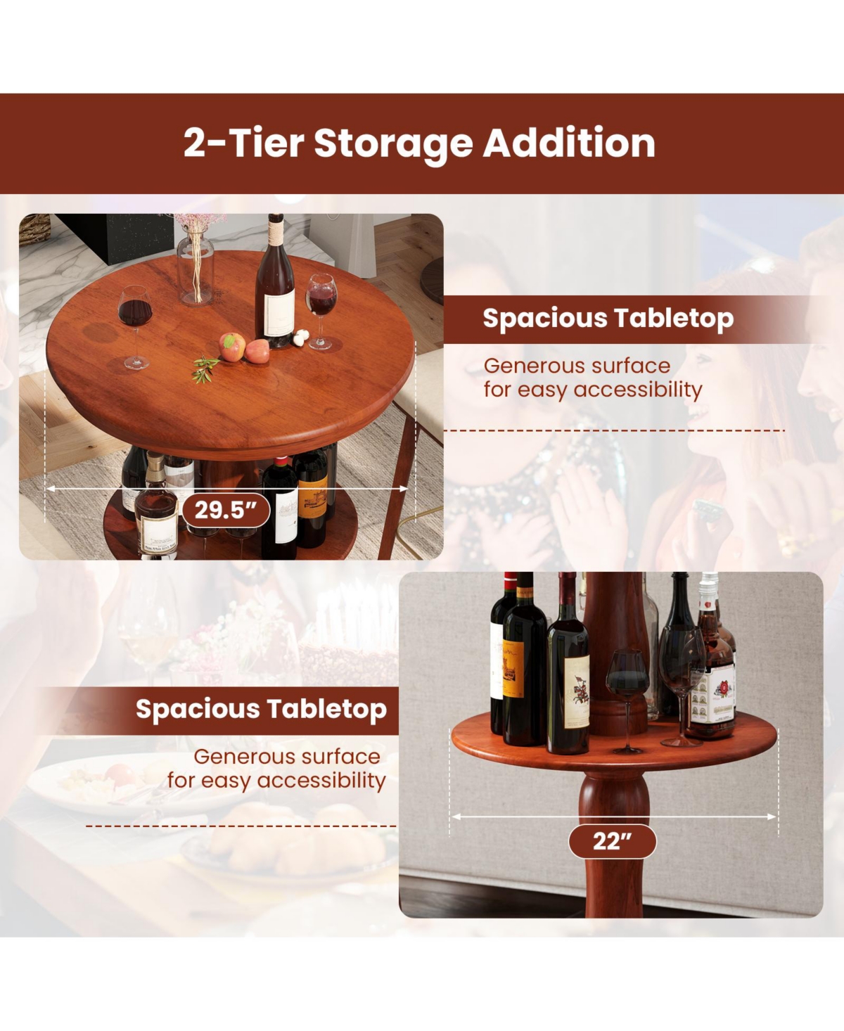 Sugift 2-Tier Round High Top Bar Table with Storage Shelf and Pedestal Base-Espresso