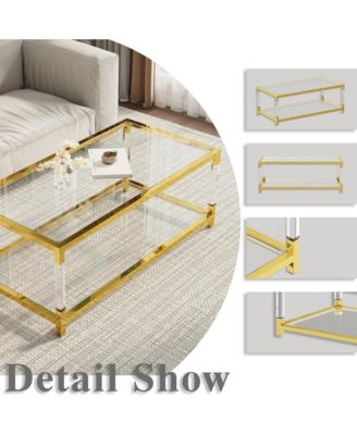 Coffee Table - Double Layer Tempered Glass Top with Golden Metal Frame, Rectangular Center Table for Living Room and Home Office