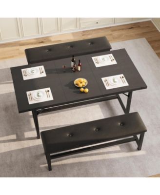 3-Piece 63" Extendable Rectangular Dining Table Set with Metal Frame and 2 Benches