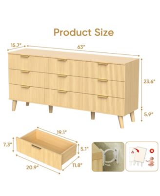 9 Drawer Fluted Wooden Dresser 63W 15.7D 29.5H for Bedroom Nursery Entrance with Wave Pattern