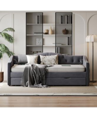 Upholstered Daybed With 2 Storage Drawers USB Ports Grey No Box Spring Needed
