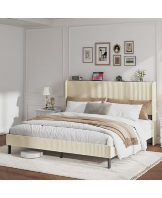 Metal Platform Bed Beige Charging Station 2 USB Ports Noise Free No Box Spring Needed