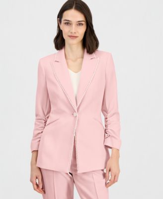 Women's Faux-Pearl-Trim Ruched-Sleeve Blazer